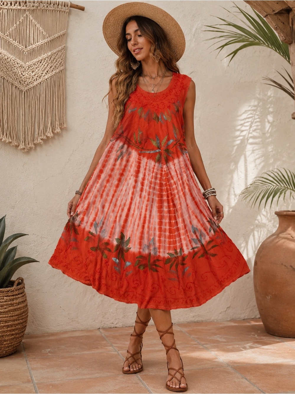 Boho Tie-Dye Floral Midi Cotton Dress - Orange & Silver metallic
